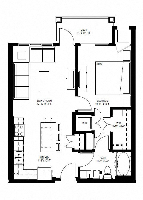 Floor plan for 1 bed, 1 bath, 659 sqft